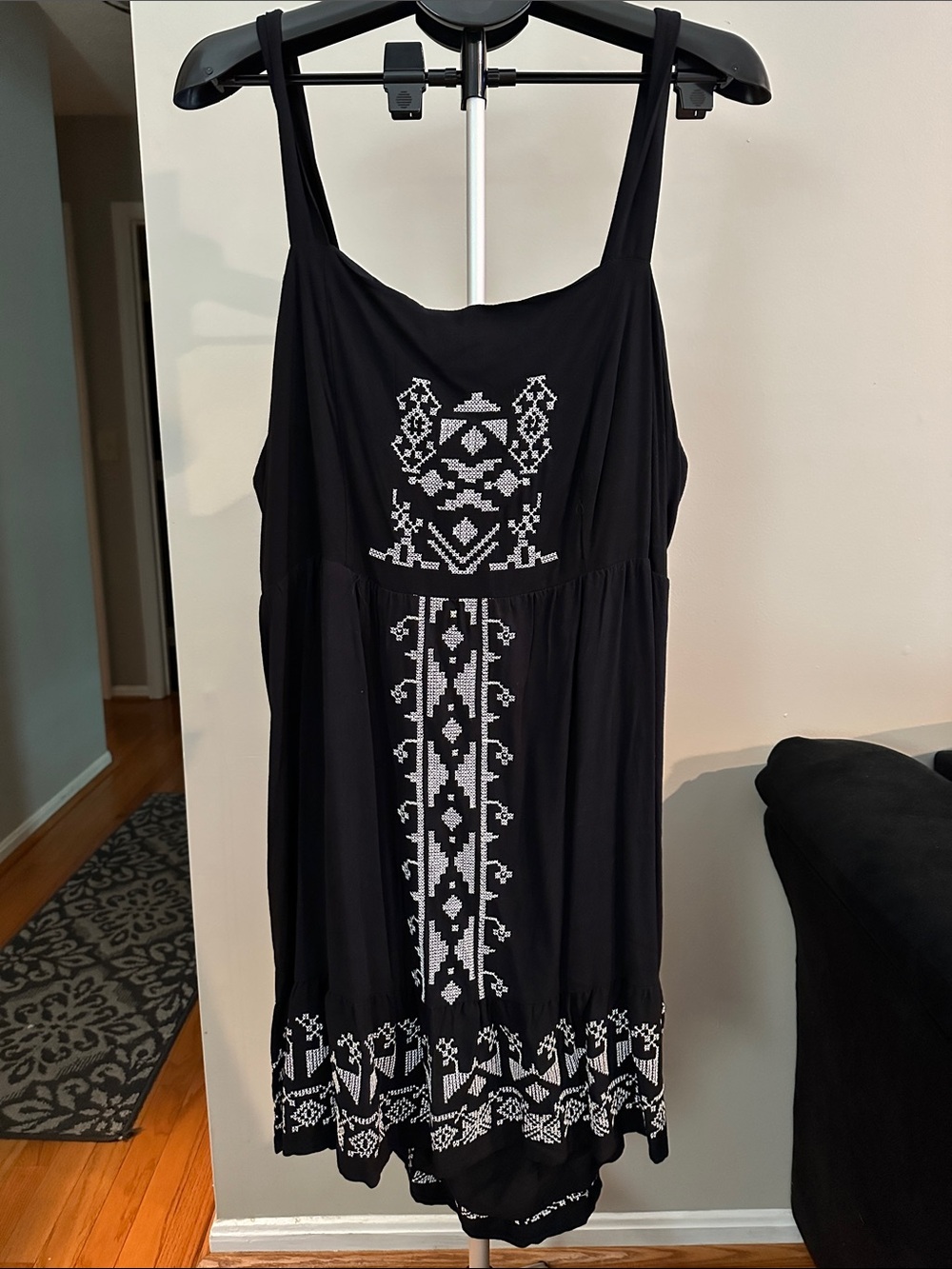 Rewind Black Mini Dress with White Embroidered Accents